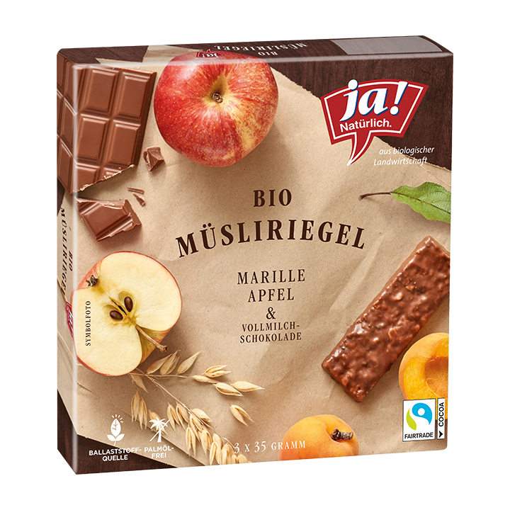 Bio-Fruchtriegel Marille, Apfel und Vollmilchschokolade