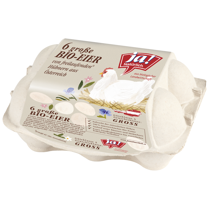 Packung Ja! Natürlich Bio-Freilandeier, 6 Stück.