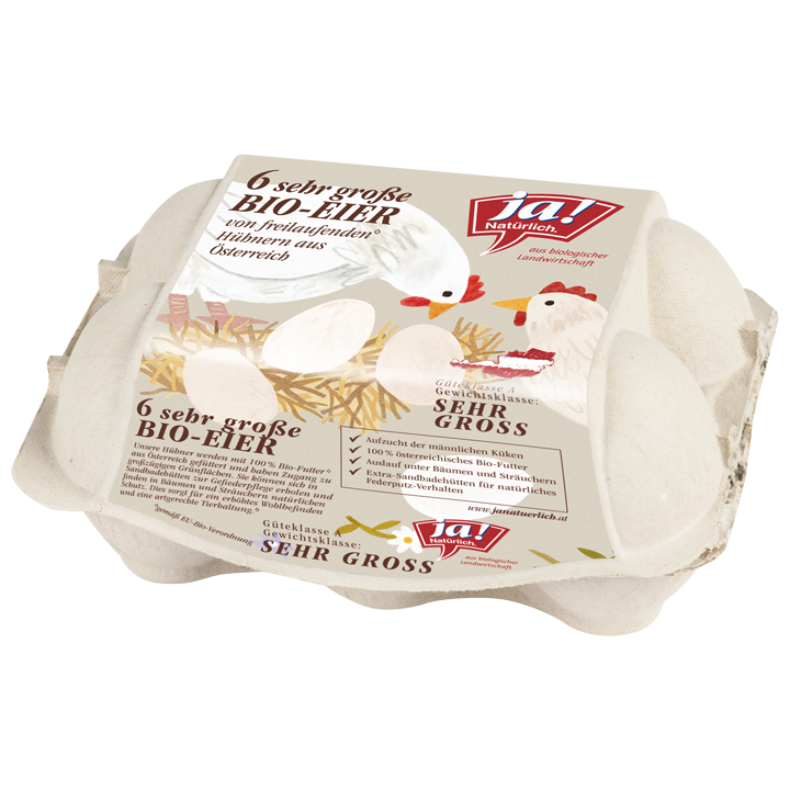 Packung Ja! Natürlich Bio-Freilandeier, 6 Stück.