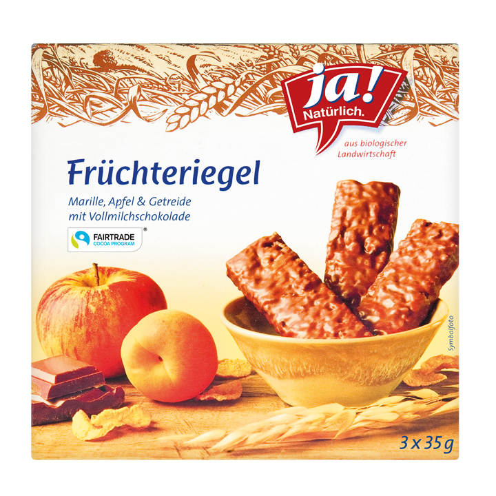 Bio-Fruchtriegel Marille, Apfel und Vollmilchschokolade