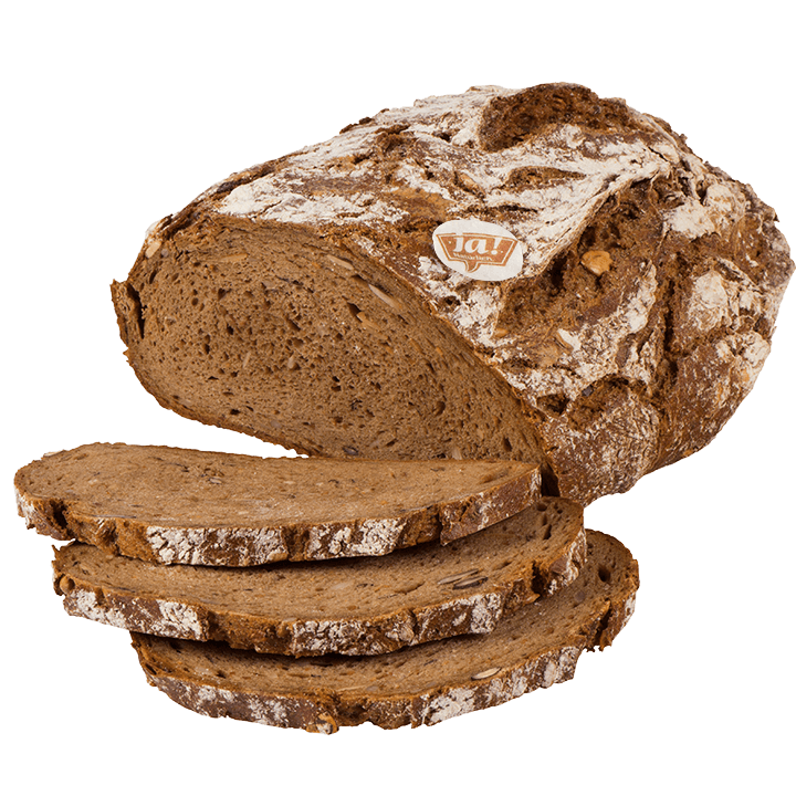 ja natuerlich Bio-Bergsteigerbrot als Laib mit aufgeschnittenen Scheiben