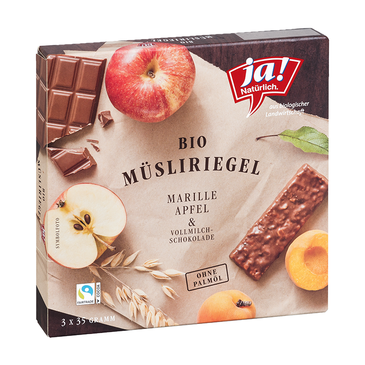 Bio-Fruchtriegel Marille, Apfel und Vollmilchschokolade