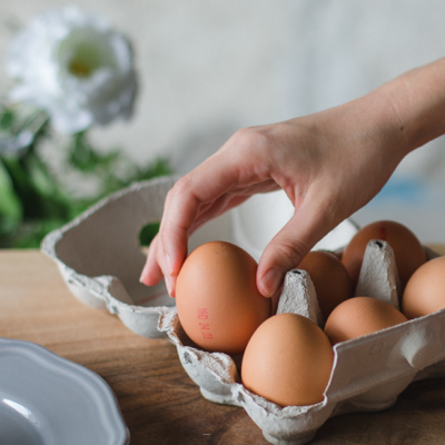 Jemand nimmt ein Bio-Ei aus einem Eierkarton.