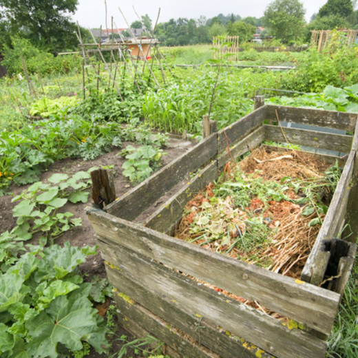 Ein Komposthaufen beim Beet.