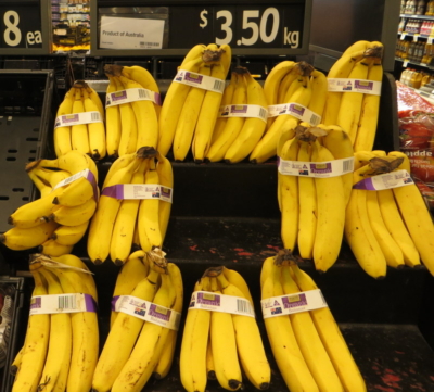 Ausgestellte Bananen im Supermarkt in Australien.