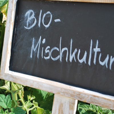 Der Text „BIO-Mischkulturen“ auf einem Schild.