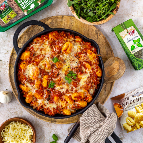 Gnocchi-Auflauf Faschiertes-Kräuterseitling
