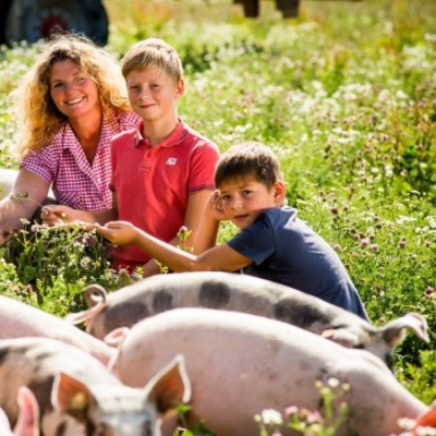 Familie Krippel mit Bio-Freilandschweinen auf der Wiese
