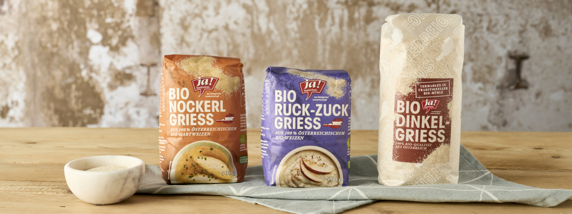 Grießprodukte Ruck-Zuck-Grieß, Nockerl-Grieß, Dinkel-Grieß