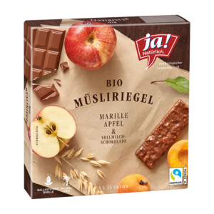 Bio-Fruchtriegel Marille, Apfel und Vollmilchschokolade
