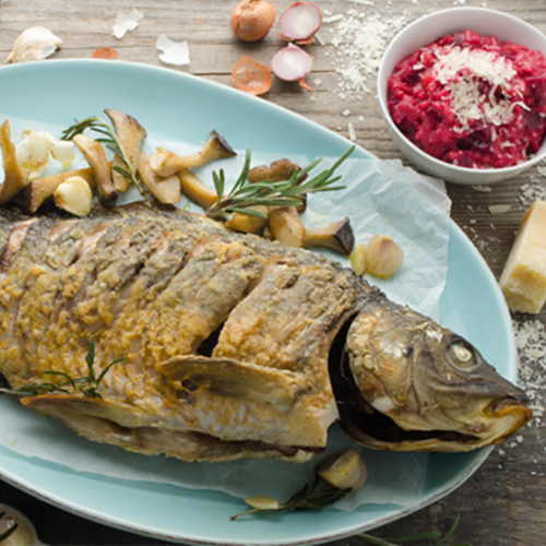 Karpfen mit Kräuterseitlingen und Roten Rüben Risotto | Rezept | Ja! Natürlich