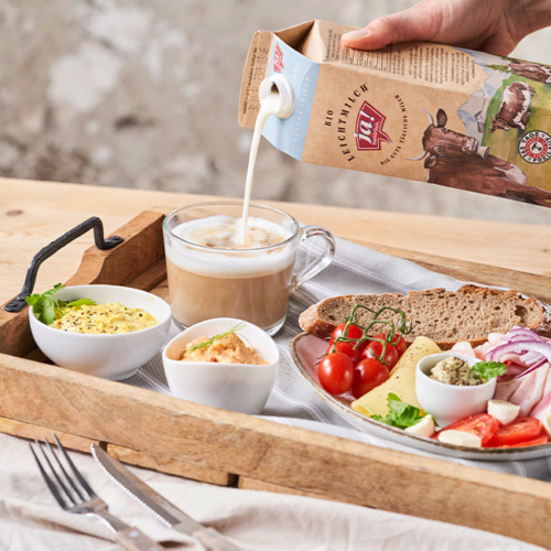 gesundes Frühstück am Tablett mit Kaffee und Leichtmilch - Ja! Natürlich