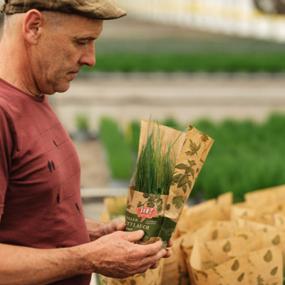 Bauer mit Schnittlauch Topfpflanze in der Hand - Ja! Natürlich