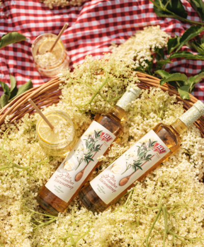 Bio-Holunderblütensirup im Korb voller Hollerblüten - Ja! Natürlich