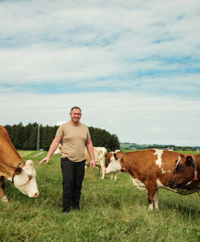 Bio-Bauer mit Kühen auf der Weide - Ja! Natürlich