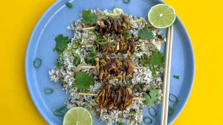 Kürbis-Miso Glazed Shiitake Spieße