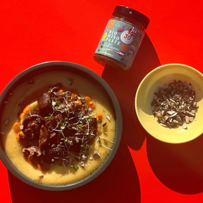 Balsamico Shiitake Pilze mit Steckrüben Erdäpfel Püree & Kürbis Miso Tomaten Jus von Ja! Natürlich