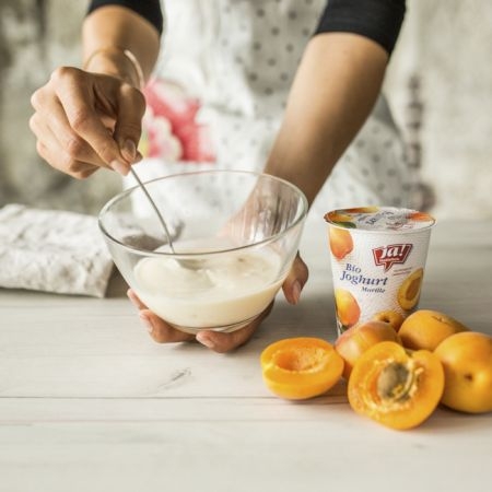 Jemand hält eine Schüssel mit Ja! Natürlich Bio-Marillen-Joghurt.