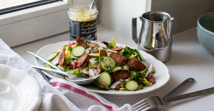 Frischer Sommer-Salat mit Bratwurstchips