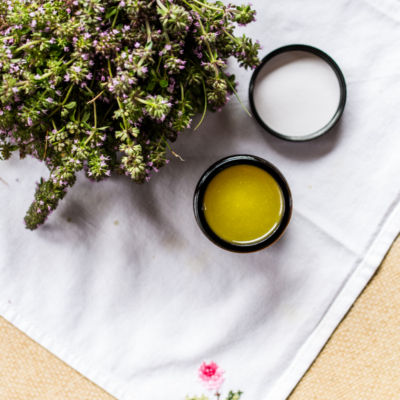 Bio-Thymian und ein Tiegel mit Thymian-Salbe