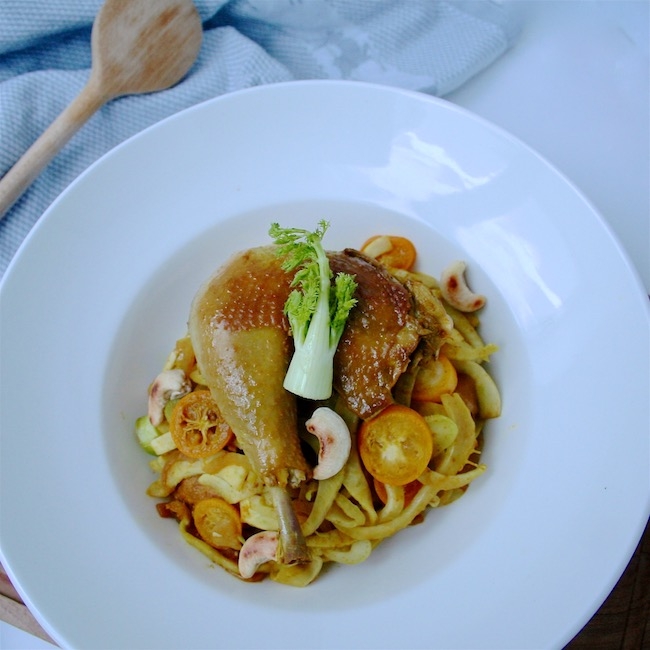 Kumquat-Gockel mit Fenchel und Cashewkernen