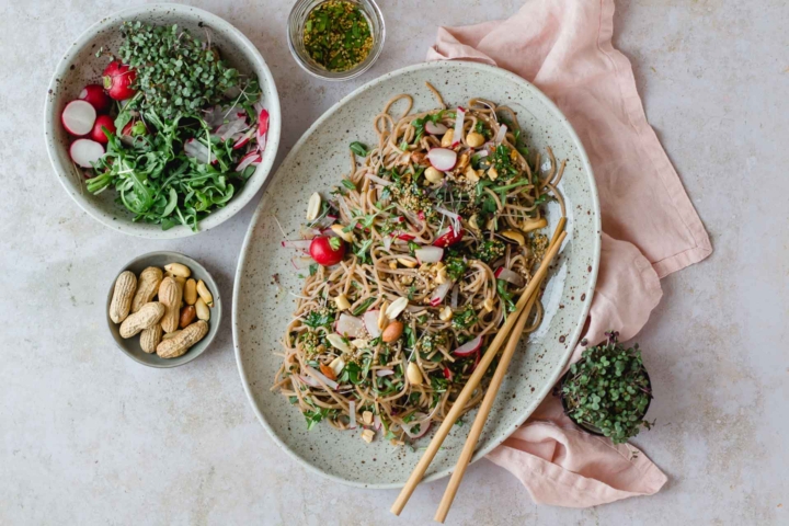 Asiatischer Nudelsalat mit Radieschen, Rucola und Sprossen