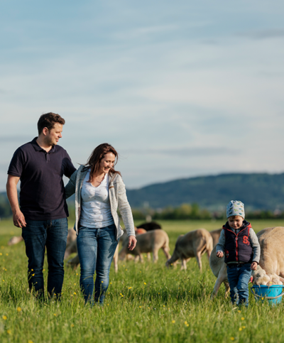 Familie Stangl spaziert die Weide entlang