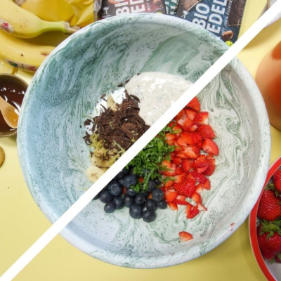 Früchte, Joghurt und Schokolade in einer Schüssel