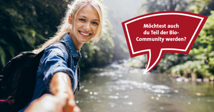 Eine Frau mit dem Text „Möchtest auch du Teil der Bio-Community werden?“.