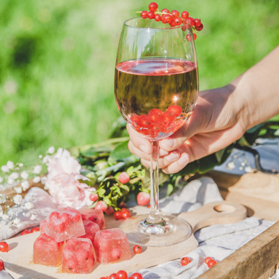 Eine Hand hält ein Weinglas mit Bio-Ribiseln neben Ribisel-Eiswürfeln.