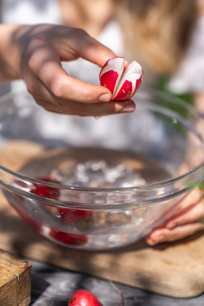 Geschnittene Bio-Radieschen in einem Eisbad.