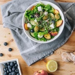 Eine Schüssel mit frischem Bio-Blattsalat, Obst und Käse auf einem Holztisch mit Heidelbeeren und Zitronen.