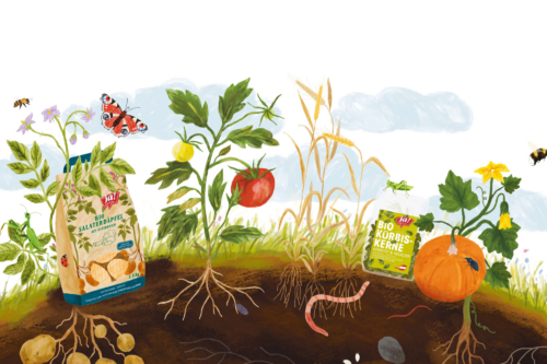 Ja! Natürlich Bio Boden mit Pflanzen, Kartoffeln und Kürbiskernen