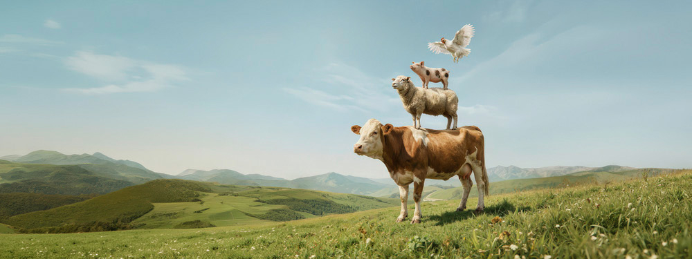 Unser höchstes Tierwohl - Kuh, Schaf, Schwein und Huhn auf der Wiese