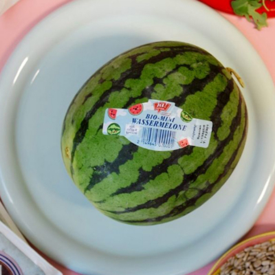 Ganze Ja! Natürlich Bio-Wassermelone auf einem Teller.
