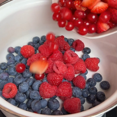 Bio-Heidelbeeren, Bio-Himbeeren, Bio-Erdbeeren und Bio-Ribisel in einen Topf geben.