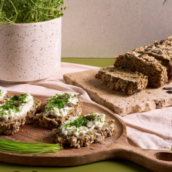 Selbstgemachtes Saatenbrot mit Bio-Cottage Cheese.