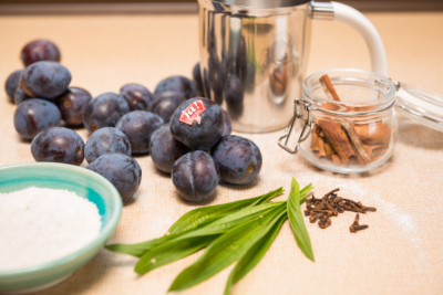 Bio-Zwetschken, Nelken, Vanilleschoten und Zimt auf einem Tisch.