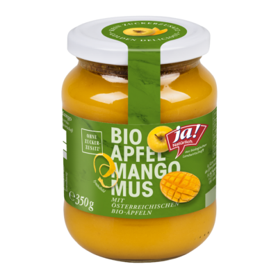 Ein Glas Ja! Natürlich Bio-Apfel-Mangomus.