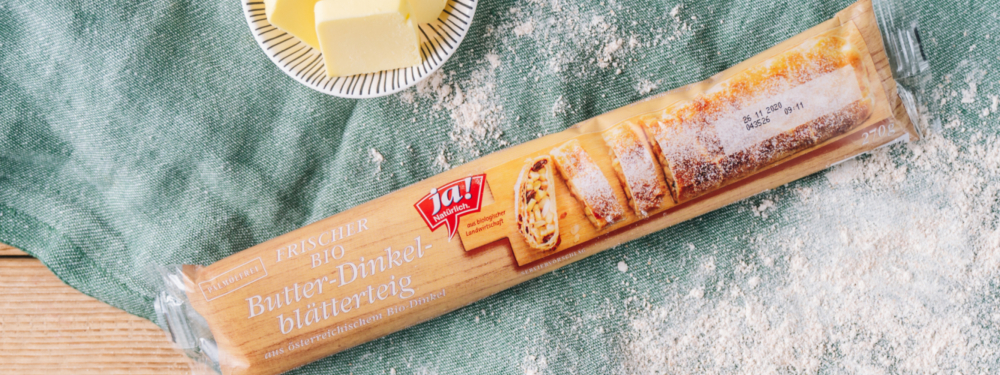 Eine Packung Ja! Natürlich Bio-Butter-Dinkel-Blätterteig.