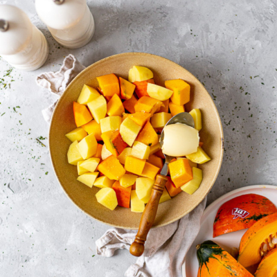 Geschnittener Kürbis und Kartoffel