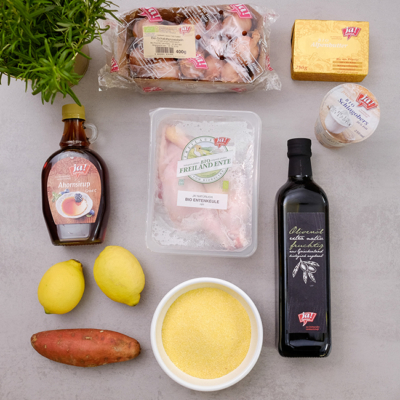 Zutaten Süß-Saure Entenkeule mit cremiger Süßkartoffel-Polenta