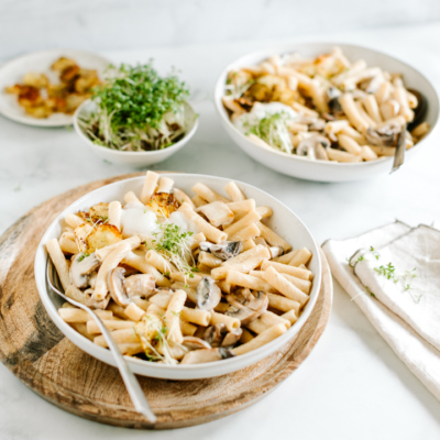 Pilzpasta mit Kaffee-Erdäpfel-Chips