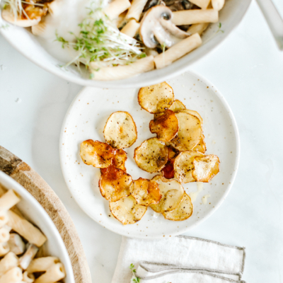 Pilzpasta mit Kaffee-Erdäpfel-Chips