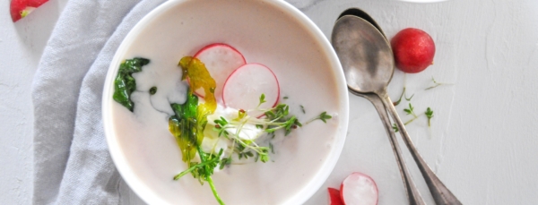 rosa Radieschen-Suppe mit frittierten Radieschen-Blättern