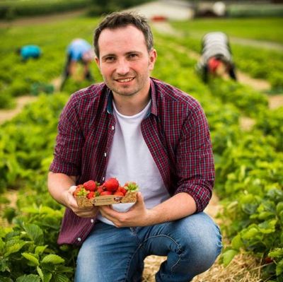 Bio-Bauer Robert Strohmaier hält einen Korb mit Bio-Erdbeeren auf einem Feld.