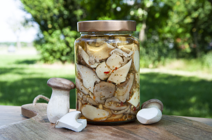 Eingelegte Pilze in Sonnenblumenöl und weißen Balsamico