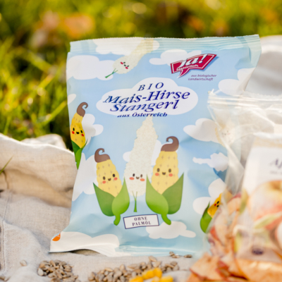 Bio-Mais-Hirse-Stangerl von Ja! Natürlich auf einer Picknickdecke.