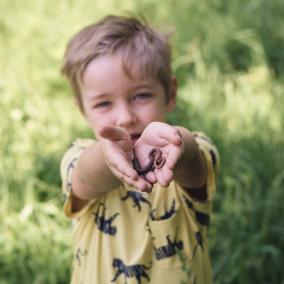 Ein Kind hält einen Regenwurm.