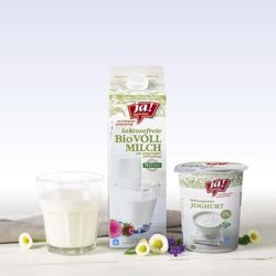 Ein Karton Ja! Natürlich Bio-Vollmilch neben einem Glas Milch und Joghurt.